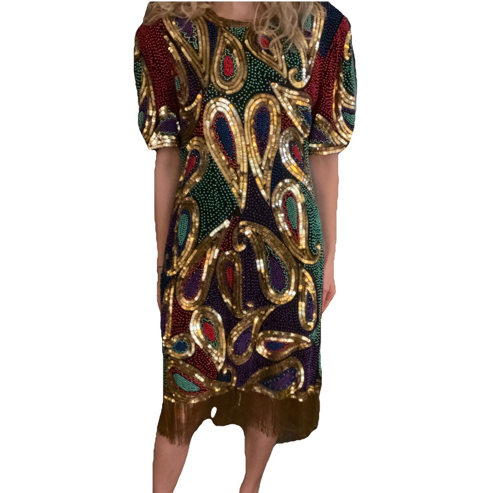 Vintage Silk Lawrence Kazar Sequin & Beaded Dress with Beaded Fringe